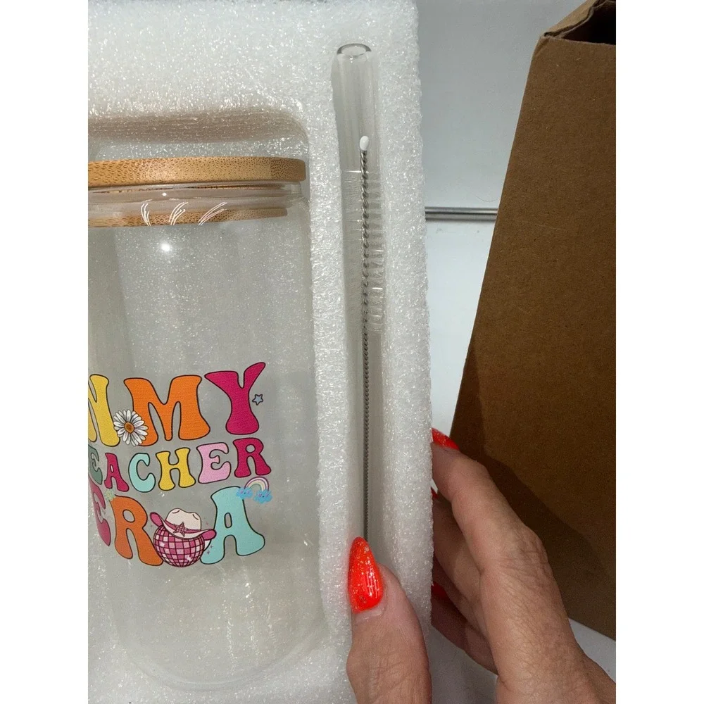 In My Teacher Era Glass Can Tumbler 16oz with Bamboo Lid and Glass Straw Set